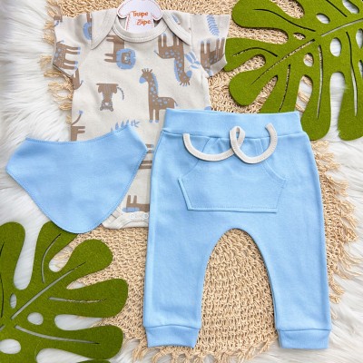 Conj. Body Manga Curta Safari Grande, Calça e Babador Bandana - Azul e Marfim